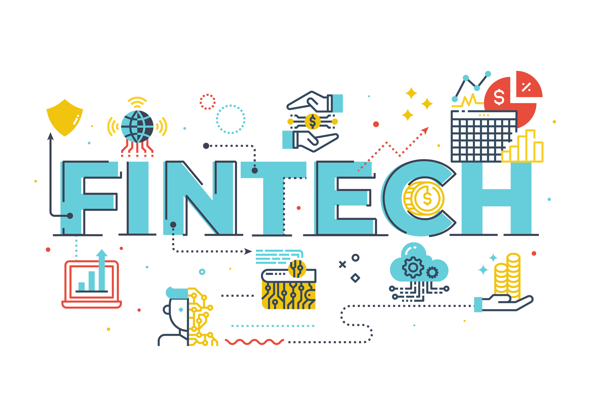 Fintech (Financial Technology) word lettering illustration Fintech (Financial Technology) word lettering illustration with icons for web banner, flyer, landing page, presentation, book cover, article, etc.